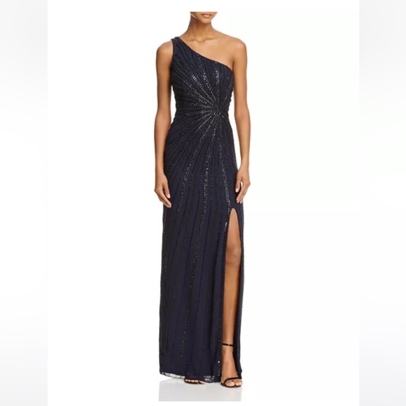 NWT Adrianna Papell Beaded Starburst One-Shoulder Gown Navy 4 - Picture 1 of 3